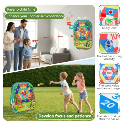 4-in-1 Dinosaur Bean Bag Toss Game for Kids, Cornhole Board Set with Dart Board for Toddler Outdoor Toys, Family Party Game Backyard Beach Lawn Activities Gift for Boys & Girls Ages 3 4 5 6 7 8 - color: Dinosaur