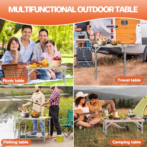 FUNYKICH Camping Table with Waterproof Plastic Tabletop 22.8''x15.7'', 3 Height Adjustable Small Folding Table, Lightweight Portable Picnic Table with Carry Handle for Picnic, Beach, Travel, White - color: White