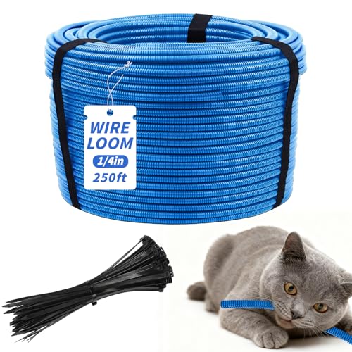 250FT Blue Split Wire Loom Tubing, 1/4 Inch Wire Protector Tubing, Automotive Wire Flexible Conduit Cord Covers with 50 Cable Ties for Automotive Marine Agriculture Electrical Cable Protection - color: Blue, size: 1/4in x 250ft