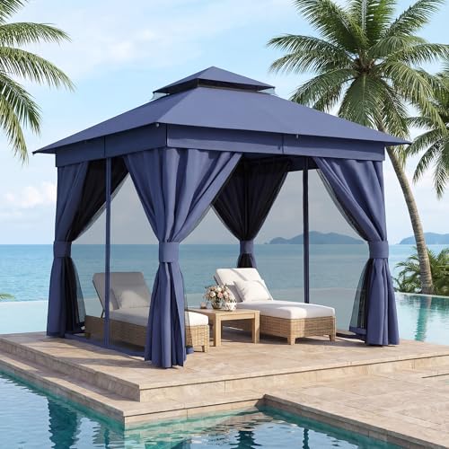 LAUSAINT HOME 8'x8' Outdoor Patio Gazebo, Heavy Duty Party Tent & Shelter with Double Roofs, Mosquito Nettings and Privacy Screens for Backyard, Garden, Deck (Navy Blue) - color: Navy Blue, size: 8'x8'