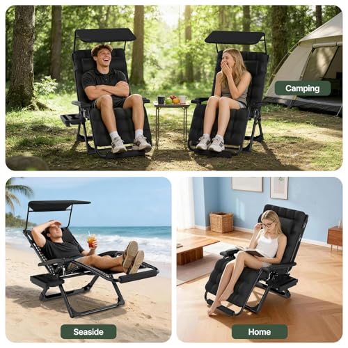 Suteck Zero Gravity Chair with Canopy XL Reclining Camping Chair w/Washable Cushion, Outdoor Lounge Chairs Patio Recliner with Large Cup Holder, Footrest, Padded Headrest, Support 500LBS, Grey - color: Charcoal