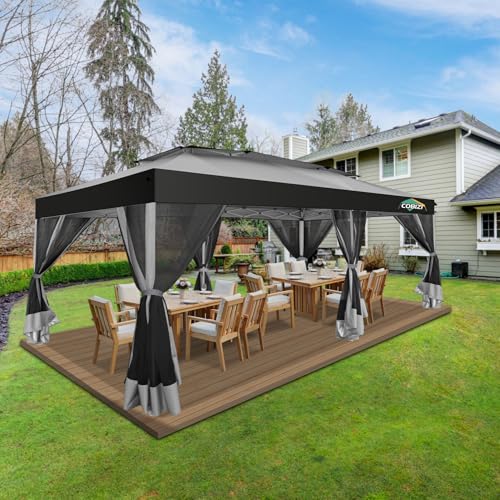 COBIZI 10x20 Pop up Gazebo, One-Push Setup Canopy Tent with Mosquito Netting & Vented Roof Design, Upgrade Metal Easy up Canopy Carpa Outdoor Gazebos for Backyard Camping Deck Party(Light Gray & Gray) - color: Light Gray & Gray, size: 10x20 FT Upgraded