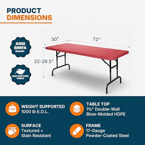 OEF Furnishings OEFBTA-3072-40 Adjustable-Height Commercial-Grade Premium Industrial Folding Table, 6-Foot Pedestal-Leg Design with 17-Gauge Steel Frame and Thick Double-Wall Top (72" × 30", Red Top) - color: Red