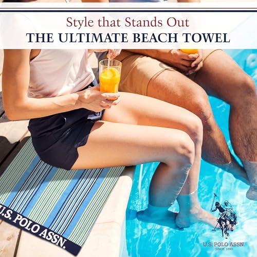 U.S. Polo Assn. 2-Pack Luxury Plush Cotton Oversized (40" x 70") Beach Towels, Striped Nautical Design, Hotel Quality for Bath & Pool- Blue/Green - color: Blue/Green 2, size: 40" x 70"