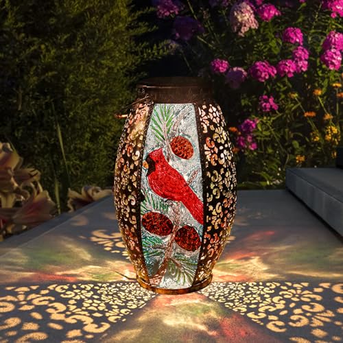 Mothers Day Gifts,Solar Lanterns Outdoor Hanging Light Cardinal LED Glass Light Waterproof Hollowed-Out Metal Decor Garden,Yard,Patio,Gifts,Table,Pathway,Holiday for Women Mom - color: Cardinal-