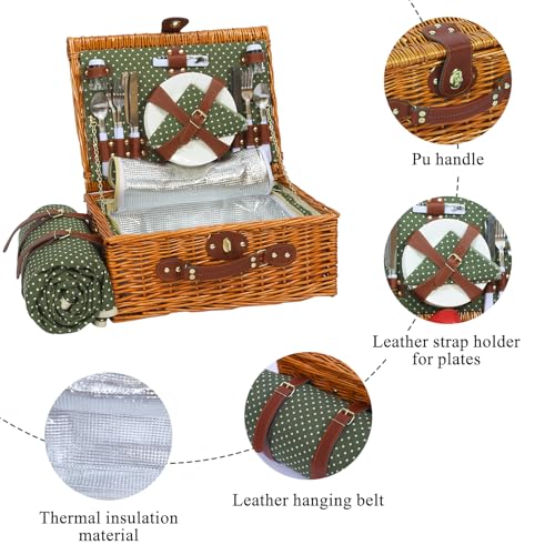 Picnic Basket for 4 Persons with Waterproof Picnic Blanket and Insulated Cooler, Large Wicker Picnic Basket for Camping, Outdoors, Valentine's Day, Christmas, Birthday, Wedding Gift - color: Green & White Spots