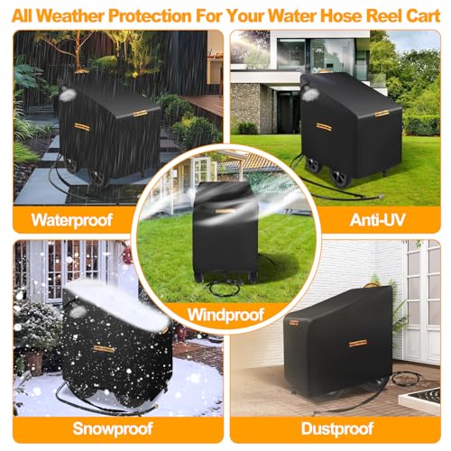 Hose Reel Cart Covers for Outside,Heavy Duty 420D Hosepipes Cover for Garden with Air Vent,Waterproof Strip,2 Reflective Strip Handles,Univeral Protective Hose Holder Cover,All Season Protection