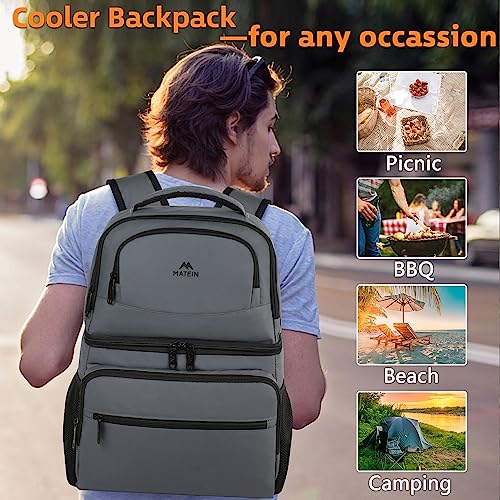 MATEIN Cooler Backpack, 26 Cans Insulated Lunch Backpack for Men Women, Leakproof Double Layer Lunch Cooler Bag Lightweight Soft Lunch Backpack with Cooler Compartment, Beach Camping Hiking Beer Gifts - color: Austere Grey, size: 40 Cans