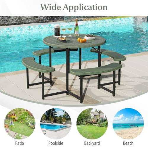 Byroce 8-Person Picnic Table for Outdoors, HDPE Picnic Table Set with 4 Benches, Umbrella Hole & Metal Frame, Heavy Duty Round Dining Table Chairs for BBQ Party in Patio, Yard & Poolside (Green) - color: Green