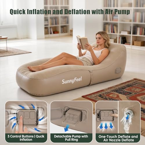 SUNNYFEEL Inflatable Lounge Chair with Built-in Pump, Heavy Duty PVC Flocked Inflatable Sofa for Adults, Portable Air Lounger for Camping, Beach, Home & Outdoor,Beige - color: Beige
