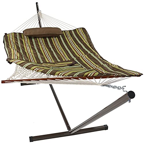 Sunnydaze Rope Hammock with Stand for Outside - Heavy Duty Freestanding Portable Outdoor Hammock Set with Quilted Pad, Pillow, and 12-Foot Steel Frame - 275 lb Capacity - Desert Stripe - color: Desert Stripe