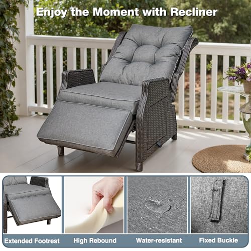 Outdoor Indoor Wicker Recliner with Adjustable Back and Footrest, Patio Reclining Chair with Flip-up Table, Outdoor Rattan Lounge Chair, Grey 2PCS - color: Grey, size: 2PCS