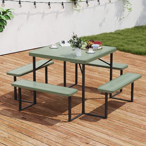 Byroce Outdoor Picnic Table for 4-8 Person, HDPE Picnic Camping Table Set with 4 Benches, Umbrella Hole & Metal Frame, Heavy Duty Square Dining Table Chairs for BBQ in Patio, Yard & Poolside (Green) - color: Green