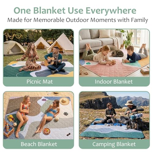Exclusivo Mezcla Extra Large Waterproof Picnic Blankets 3 Layer, Sandproof and Foldable Outdoor Blanket for Beach Camping, Park and Travel - color: Waved Green