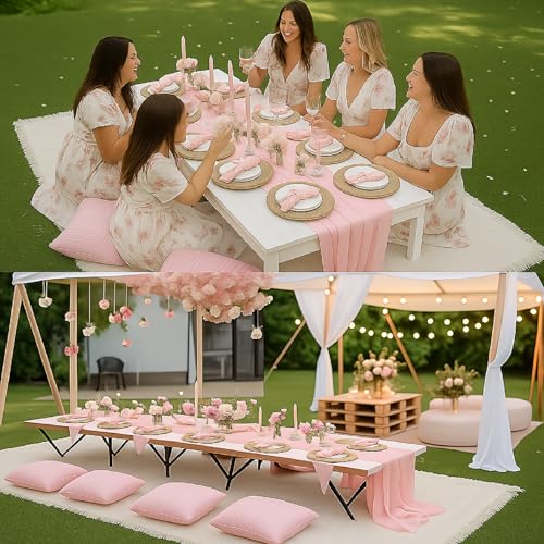 Beeveer 91 x 71 Extra Large Outdoor Boho Picnic Blanket with Pink Table Runner, 6 Throw Pillow Covers 6 Napkins Woven Cotton Yarn Oversize Beach Blanket Washable Picnic Camp Wedding - color: Pink