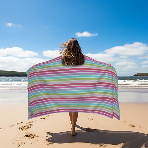 COTTON CRAFT Oversized Beach Towel - 2 Pack XL 39 x 68 inches Big & Huge Beach Blanket Towel - 100% Cotton Dobby Terry Velour Stripe - Super Soft Luxury - Pool Picnic Bath - Pink Multi - color: Cabana Stripe - Pink Multi, size: 2 Pack - 39x68