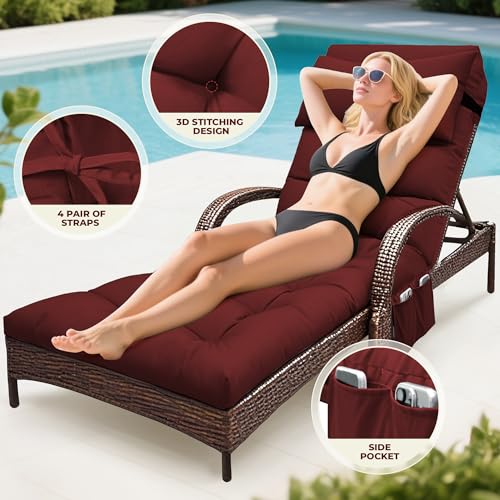 Outdoor Chaise Lounge Chair Cushion, Waterproof Outdoor Chair Cushions for Patio Furniture, 71 x 21 x 4 Inches Replacement Chaise Lounge Cushion with Ties (Red) - color: Red