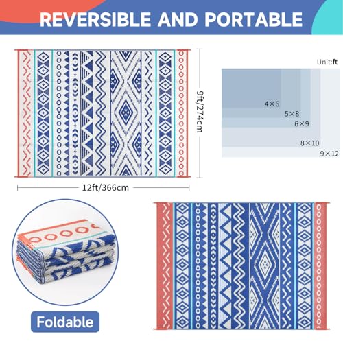 Outdoor Rugs Patio Camping Waterproof - 9x12 Plastic Straw Patio Rug Portable for Campers, Outside RVs Mat, Outdoor Area Carpet for Patios Clearance, Backyard Porch, Balcony, Picnic - color: Blue Red, size: 9' x 12' (Rectangular)