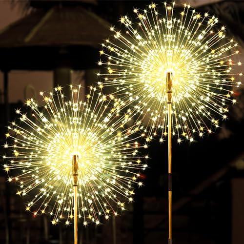 JJGoo Solar Firework Lights, 2 Pack 150 LEDs 2 Lighting Modes Solar Lights Outdoor Waterproof for Garden Patio Walkway Pathway Party Wedding Christmas Decorative - Warm White - color: Warm White, size: 2 Pack 150 Leds