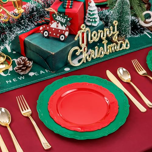 U-QE 100Pcs Christmas Plastic Plates - Green and Red Plate Disposable for Party, Plastic Christmas Plates Disposable Include 50 Red Dessert Plate, 50 Green Dinner Plate Suite for Party - color: Green Red