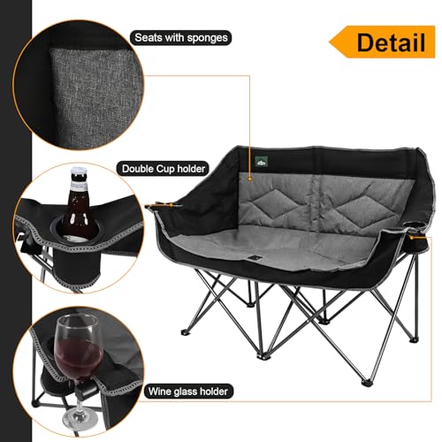 Northroad Folding Loveseat Camping Chair Portable Double Duo Full Padded Garden Chair for 2 Person Sofa w/ 2 Cup Holder,Wine Glass Holder,Mesh Storage,Support 500lbs for Picnic Beach Travel - color: Black&grey