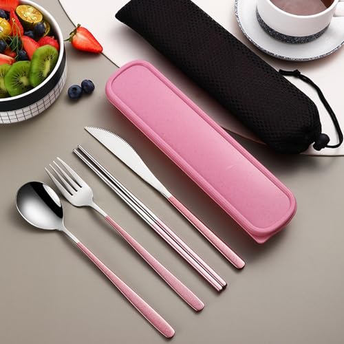 VANRA 4-Piece Portable Travel Utensils Set with Case 18/8 Stainless Steel Flatware Set Reusable Cutlery Set with Fork Spoon Knife Chopstick for Lunch Travel Camping School Work Picnic (Pink) - color: Pink, size: Fork Spoon Knife Chopstick