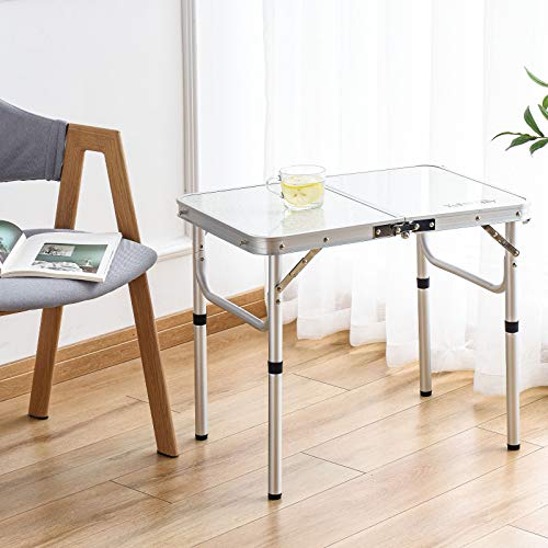 Folding Camp Table Small, 24''L x16''W with Adjustable Height Legs, Indoor Outdoor Lightweight Portable Aluminum Dining Table for Picnic Camping 2-Feet（2 Heights 10"/19"） - color: Silver & Sage Gray, size: 24"L x 16"W x 24"H