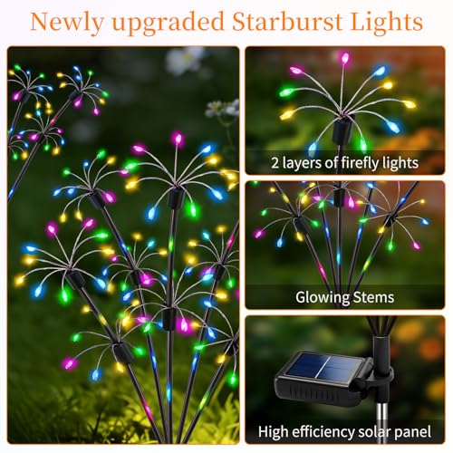Solar Garden Lights Outdoor, 4 Pack 2-Layer Multicolor Solar Firework Lights, Waterproof Starburst Fairy Light Garden Decor for Yard Patio Pathway Lawn, Unique Gifts for Women Mom Grandma Mother's Day - color: Multicolor