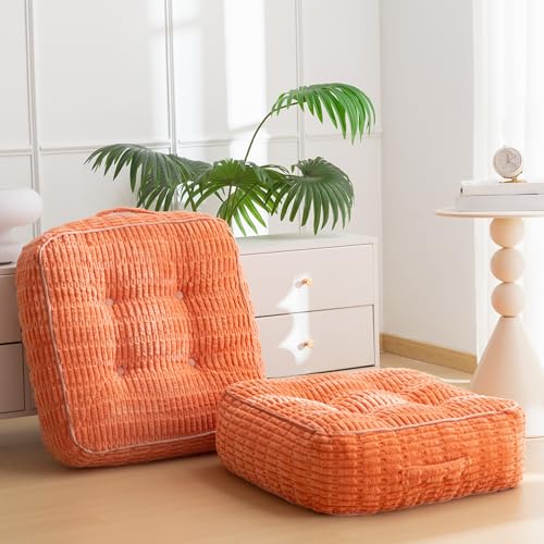8" Washable Floor Pillow Cushion for Adults, Meditation Cushion Pillow, Removable Tufted Blended Corduroy Cover, Large Square Floor Sitting for Tatami Living Room or Yoga, 2Pack, Machine Washable - color: Square Coral, size: 8" Thick(Pack of 2)