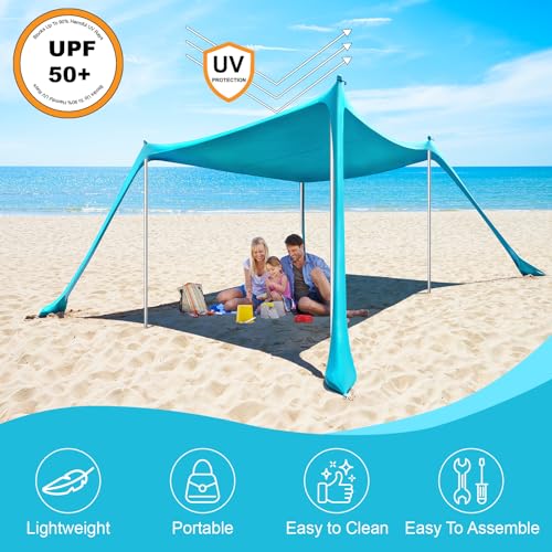 Beach Tent - 10 x 10 FT Beach Canopy, Outdoor Shade Canopy for Camping, Portable Beach Tent Sun Shelter UPF50 with 4 Sandbags, Anti-Wind Ropes, Ground Pegs and Stability Poles, Light Blue - style: 10*10 FT 4 Pole-Light Blue