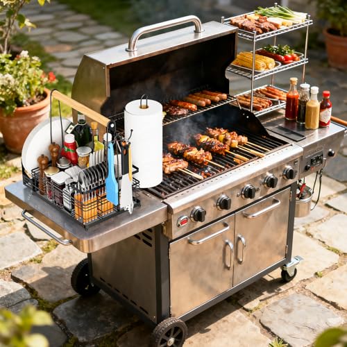 JBBTOOL Grill Caddy, BBQ Caddy with Paper Towel Holder & Utensil Holder, Picnic Caddy Organizer for Outdoor Cooking, Camping Essentials, Tailgating, Camping Must-Have for Patio, RV, Camper - style: Grill Caddy B