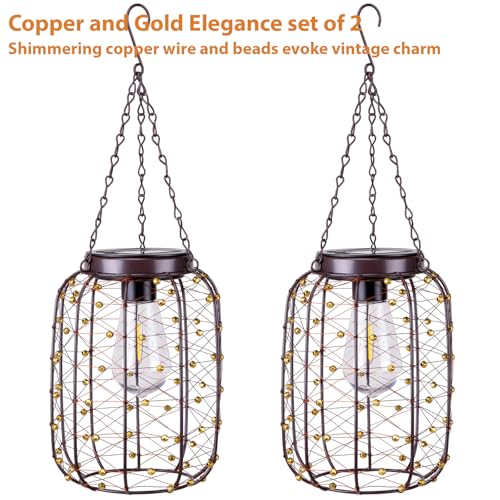 Hanging Solar Lanterns Outdoor Waterproof, Vintage Copper Hanging Lantern Lights for Outside, Solar Chandelier Outdoor Idea for Yard Garden Pathway Gazebo Pergola Porch Decor, 2 Pack