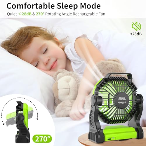 Rechargeable Portable Camping Fan for Tent with LED Light, 270°Pivot USB Personal Battery Powered Fan Outdoor Camping Essentials Battery Operated Portable for Travel X23 Green - color: Green