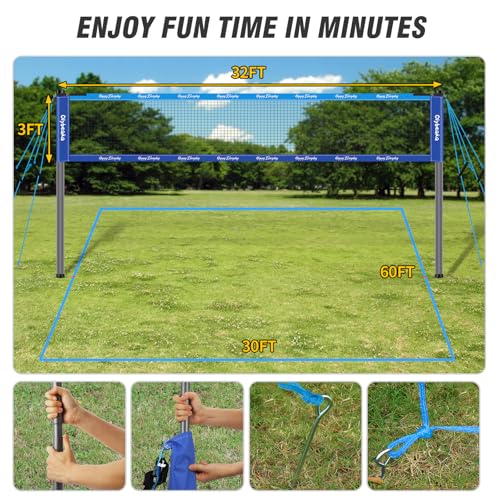 Badminton & Volleyball Combo Set 32 ft with Net, Anti-Sagging Design, 4 Badminton Rackets, 3 Birdies and PU Volleyball for Backyard Lawn Beach - color: Blue
