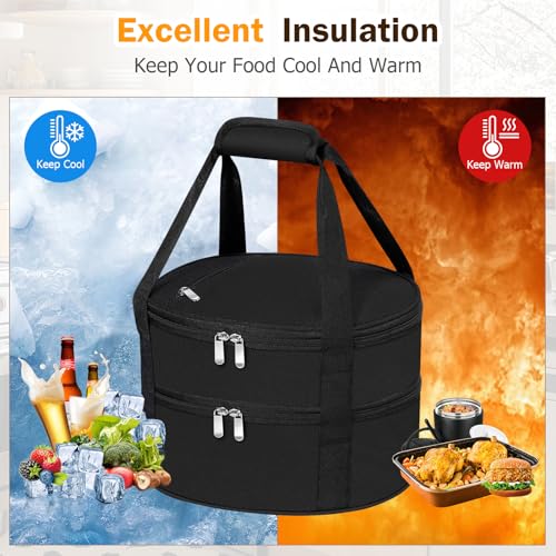 Round Double Insulated Casserole Carrier – 12" Portable Pie Carrier Bag for Hot or Cold Food, Leakproof Thermal Lunch Tote with Handle for Parties Picnic & Travel - Black - color: Black, size: Double