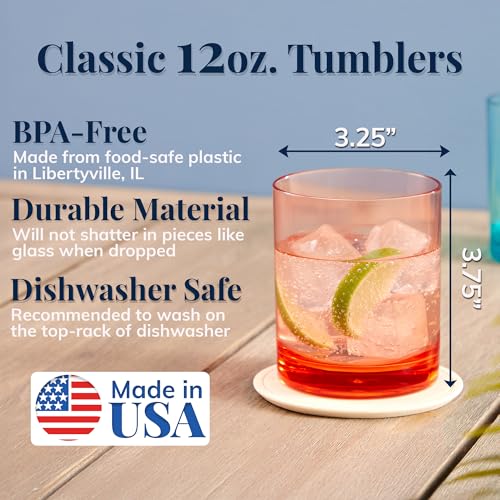 US Acrylic Classic Plastic Reusable Drinking Glasses (Set of 6) 12oz Rocks Cups Assorted Colors | BPA-Free Tumblers, Made in USA | Top-Rack Dishwasher Safe - color: Assorted, size: Rocks Tumblers
