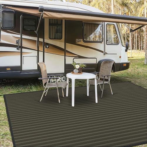 GENIMO Outdoor Rug 10x14 ft Waterproof, Reversible Plastic Straw Patio Rug for RV Camping Mat, Deck, Backyard Balcony Mat - Lightweight & Easy to Clean, Black & Brown - color: Blackbrown-w, size: 10' x 14' (Rectangular)