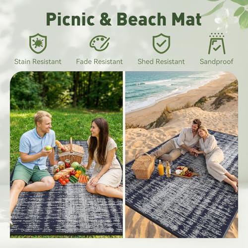 MontVoo Outdoor Rug Waterproof 9x12ft Outdoor Patio Rug Mat Reversible Plastic Straw Outside Rug Carpet Outdoor Rugs for RV Camping Picnic Beach Balcony Porch Deck - color: Navy Blue, size: 9' X 12' (Rectangular)