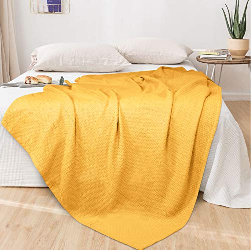 GLAMBURG 100% Cotton Thermal Blanket, Breathable Waffle Blanket, King Size, All Season, Mustard Yellow - color: Mustard, size: King (90"x102")