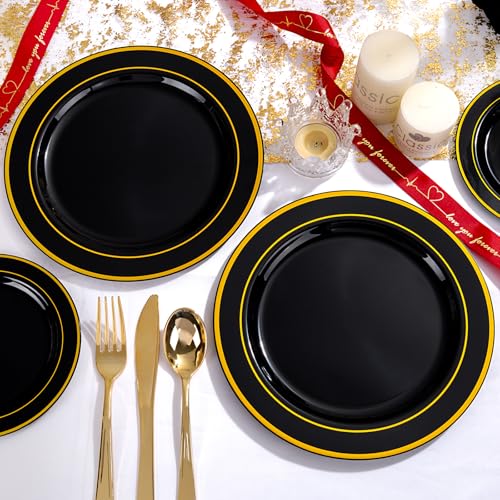 GATHER 700PCS Black Plastic Plates - Gold Disposable Plastic Dinnerware Set Include 200 6.3inch/9inch Black Plates, 300 Silverware, 100 Napkins, 100 Cups for Party & Wedding & Birthday - color: Black, size: 100 Guests