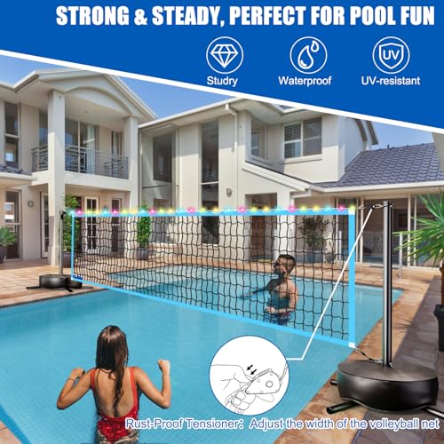 Pool Volleyball Net with Light - Portable Outdoor LED Volleyball Net with 2 Glowing Balls and Weighted Bases, Swimming Pool Sports Game Set, Adjustable Length 15-30FT for Inground Pools