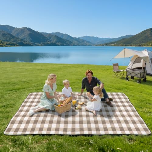 TigeJoy Extra Large Picnic Blanket Waterproof Foldable 80''x80'', Outdoor Picnic Mat Beach Blanket Sandproof for Park, Grass, Travel, Hiking, Camping Essentials, Gingham Picnic Blanket - color: Khaki, size: 6'8" x 6'8" (Rectangular)