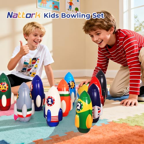 Nattork Rocket Kids Bowling Set - Toddler Bowling Game Indoor Outdoor with 10 Foam Pins 2 Balls, Educational Games Set for Age 4-5,5-12 Kids Birthday Gift