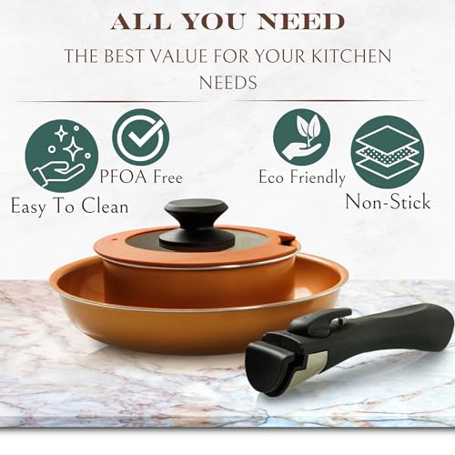 Moss & Stone Copper Pots And Pans Set Nonstick, Removable Handle Cookware, Stackable Pots And Pans Set, Dishwasher safe, Induction Pots And Pans, Camping Cookware Set, Aluminum (7 Pcs) - size: 7 Pcs Copper