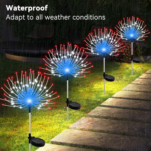Slyuexu Solar Garden Lights Outdoor Waterproof, 2 Pack 120 LED Solar Firework Lights Decorative Garden Décor Outside for Flowerbed Pathway Party Christmas Decoration, 4th of July Decor, Multicolor - color: American Color, size: 2 Pack