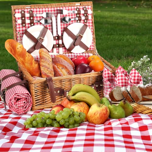 Neti Neti Wicker Picnic Basket for 4 with Insulated Cooler & Waterproof Blanket – Large Willow Picnic Hamper for Outdoor, Camping, Beach, Romantic Dates, Valentine’s Day - color: Red Plaid
