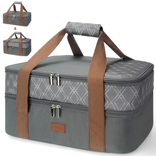 Expandable Casserole Carrier Bag - Double Decker Food Bag, Insulated Casserole Carrier for Hot or Cold Food, Lasagna Holder Tote for Picnics,Beaches,Traveling or Gifts - color: Grey
