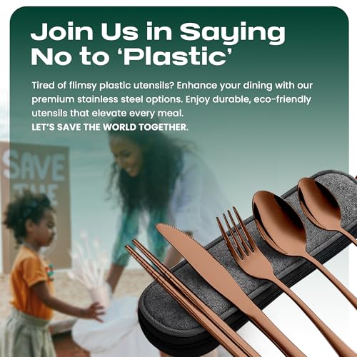 Taplord Portable Travel Silverware Set With Case, Includes 5 Pcs of Travel Utensils With Case, Stainless Steel Flatware Set For Camping, Easy to Travel, Lightweight (Rose Gold) - color: Rose Gold, size: 5 Pieces