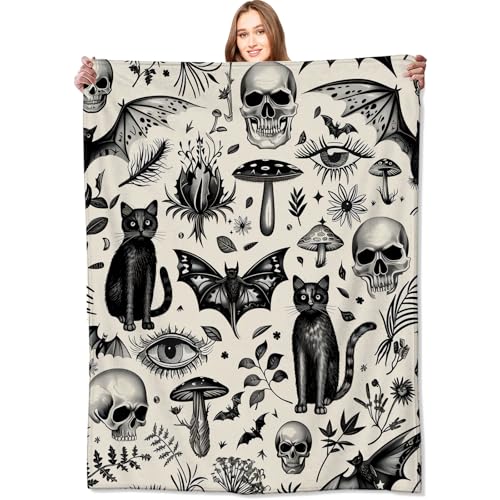 Spooky Goth Blanket Gothic Black Cats, Skulls, and Bats Throw Blankets Gifts for Girls Boys Adults Lightweight Soft Fleece Cozy for Sofa Couch Bed Room Travel Birthday Halloween Decor 40x50in - color: Gothic, size: 40x50in