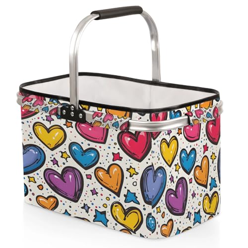 Colorful Heart Picnic Basket Large Collapsible Market Baskets Portable Reuasble Shopping Bags with Handles for Camping Beach Travel - color: Green